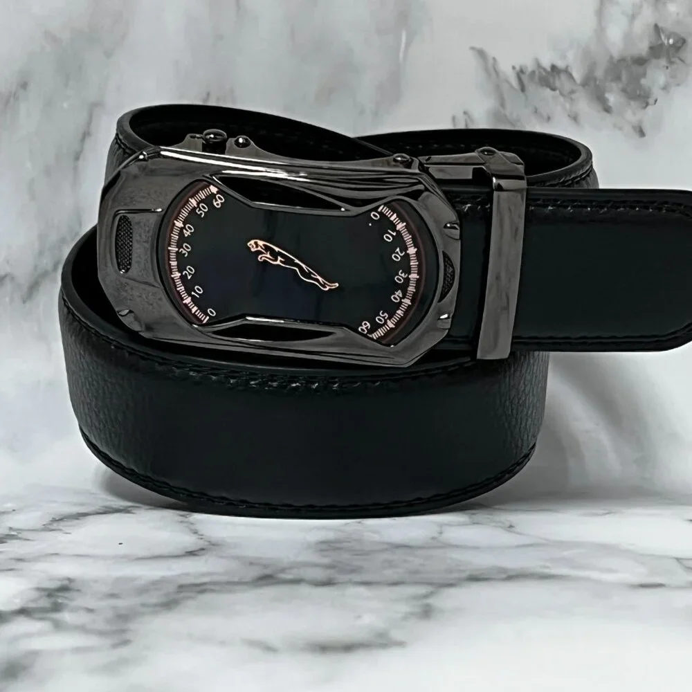 Black Leather Ratchet Belt Automatic Buckle Fits 28in-52in Racked Slide Belt New